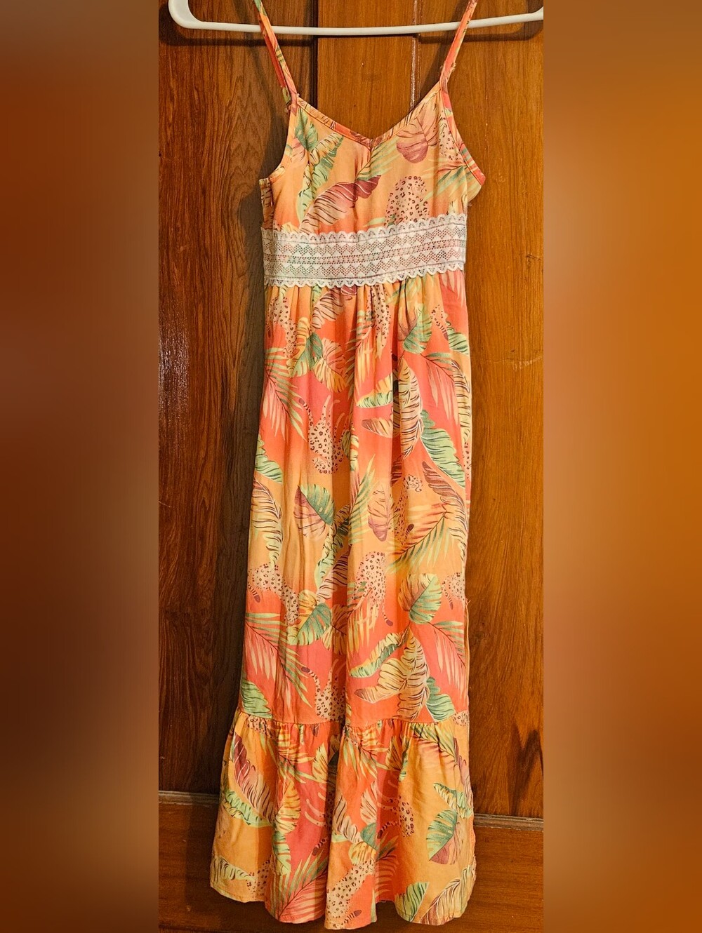 Girls' Coral Tropical Maxi Dress with Lace Waistband